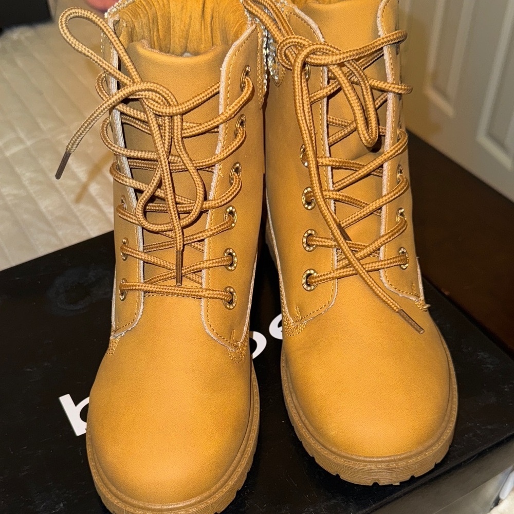 Bebe Mustard Lace-Up Boots with Glittering Cuff - Picture 6 of 16